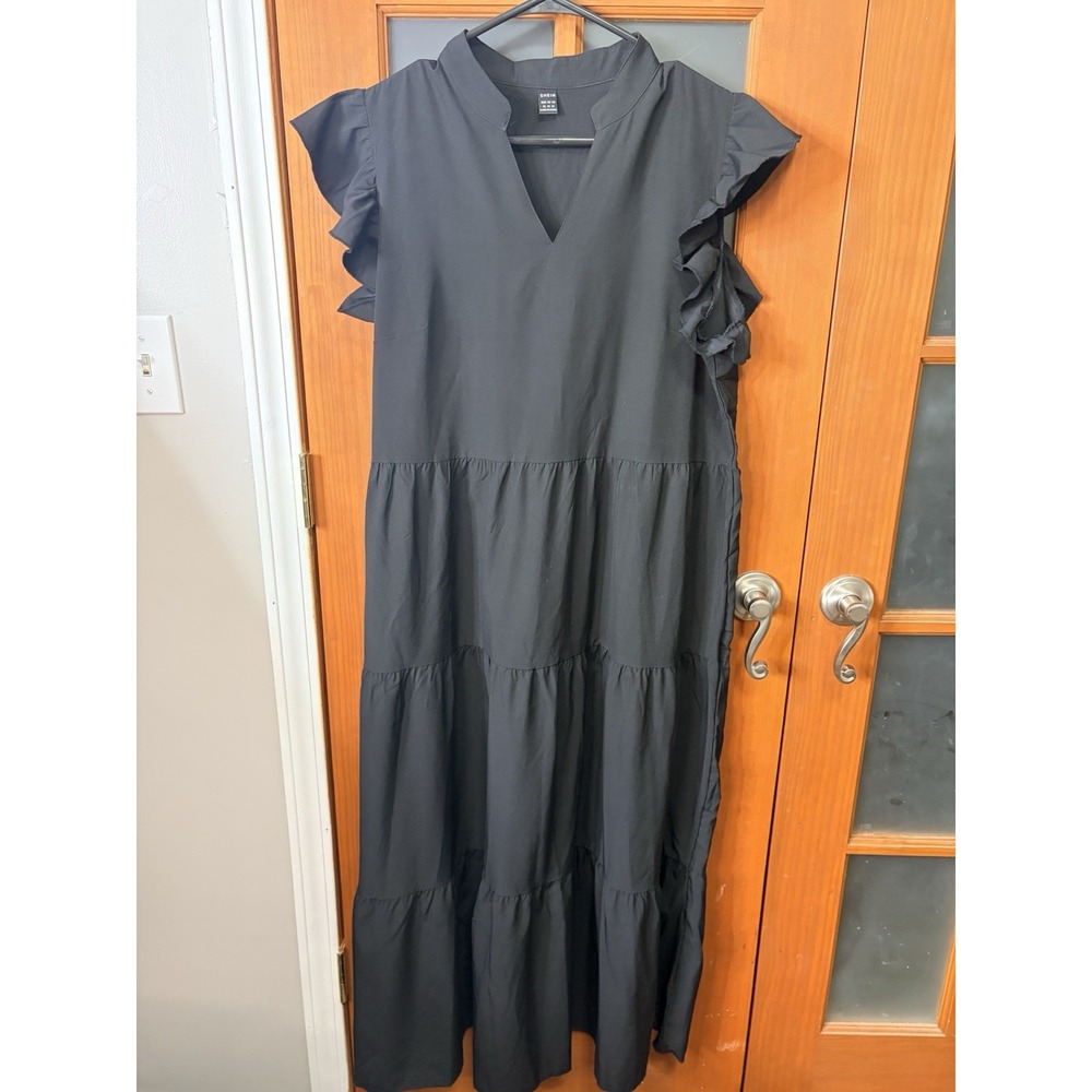 Shein Maxi Dress Black V-Neck Puff Sleeve Tiered XL